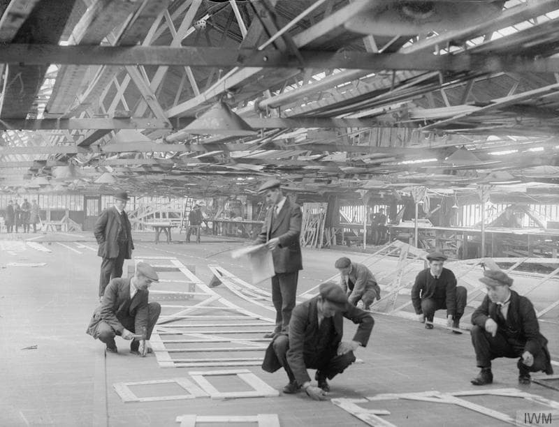 The moulding loft: hull lines drawn out full size on the floor. Tyne shipyard, 1914-1918.